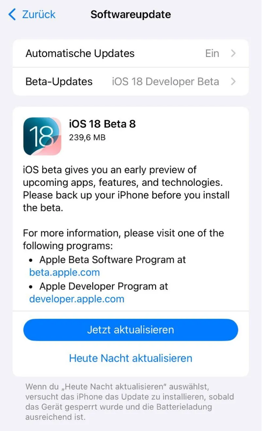 筠连苹果手机维修分享苹果 iOS / iPadOS 18 开发者预览版 Beta 8 发布 